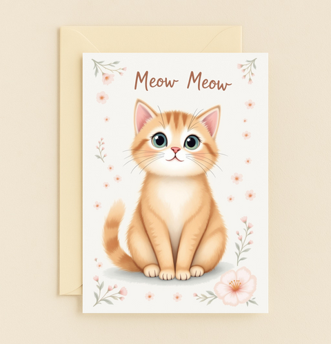 Cute Orange Kitten Meow Meow Card with Pink Flowers for Cat Lovers product image
