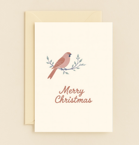 Merry Christmas Card Modern Bird Illustration - Front