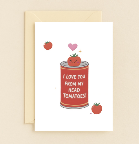 Funny Love Greeting Card Cute Tomato Can Illustration - Front