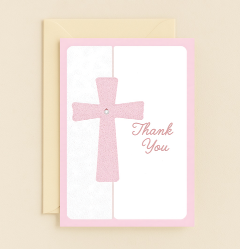 Thank You Card with Pink Cross Elegant Design - Front
