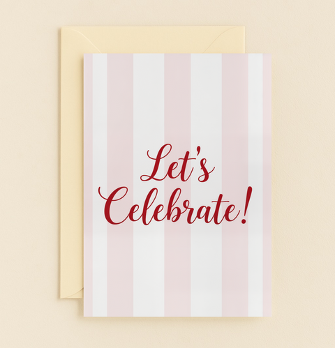 Celebration Greeting Card Red Script on Stripes - Front