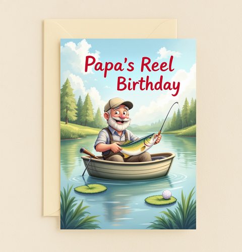 Papa Fishing Rowboat Birthday Card with Fish Golf Ball Lake Theme product image