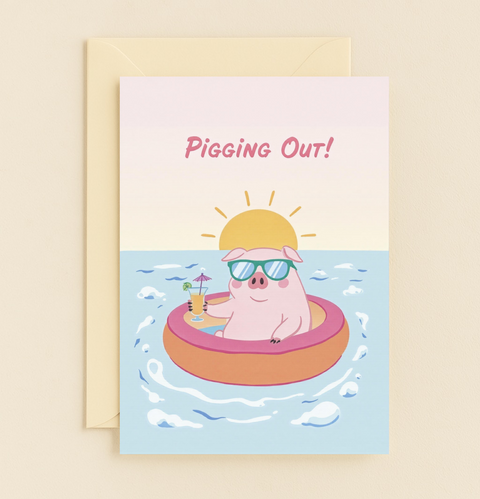 Funny Birthday Greeting Card Cute Pig Inflatable Pool Design - Front