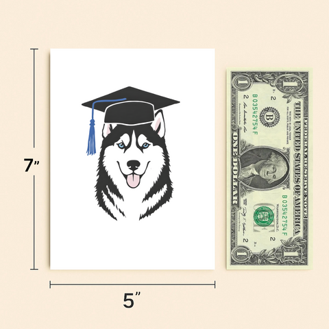 Graduation Card Husky with Cap Cute Illustrated Design - Size