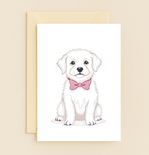 Cute Puppy Greeting Card with Pink Bowtie Illustration - Front