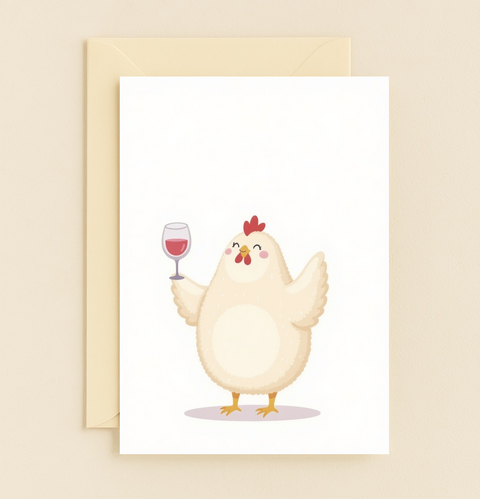 Funny Chicken Greeting Card with Wine Illustration - Front