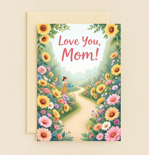 Love You Mom Sunflower Daisy Watering Flowers Path Greeting Card product image