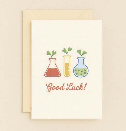 Good Luck Greeting Card with Cute Science Beakers - Front