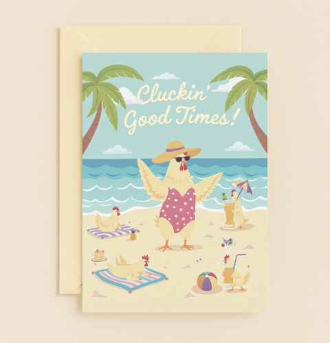 Funny Chicken Beach Greeting Card Cute Summer Illustration - Front