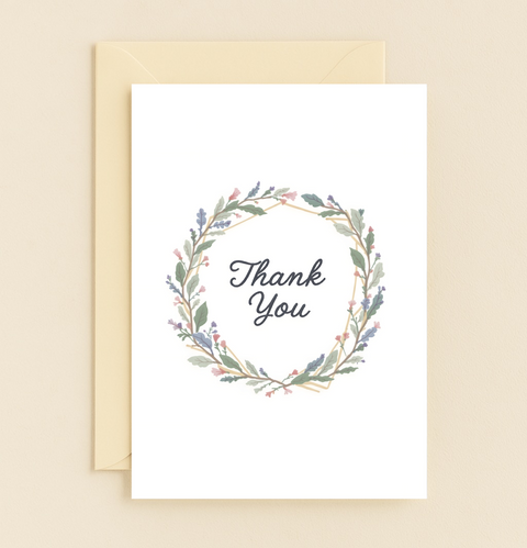 Thank You Card Floral Wreath Elegant Design - Front