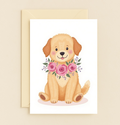 Cute Puppy Greeting Card with Floral Wreath - Front
