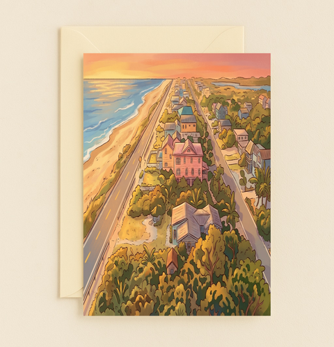 Funny Birthday Card Coastal Beach Town Illustration Shore Thing Pun - Front