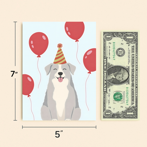 Funny Birthday Greeting Card Cute Dog in Party Hat - Size