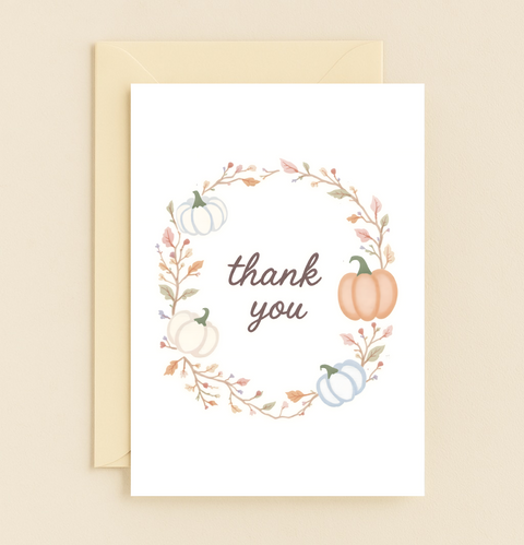 Thank You Card with Cute Fall Pumpkin Wreath Design - Front