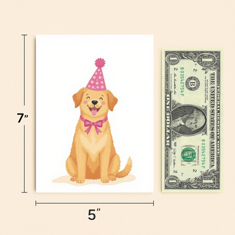 Funny Birthday Greeting Card Cute Dog in Party Hat - Size