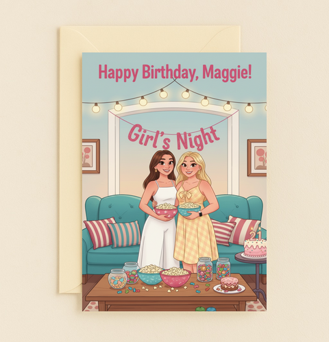 Girls Night 21st Birthday Card With Popcorn Candy And Friends product image
