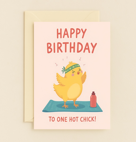 Funny Birthday Greeting Card Yoga Chicken Illustration - Front