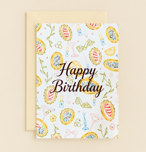 Modern Birthday Card "Happy Birthday" Illustrated Pattern - Front