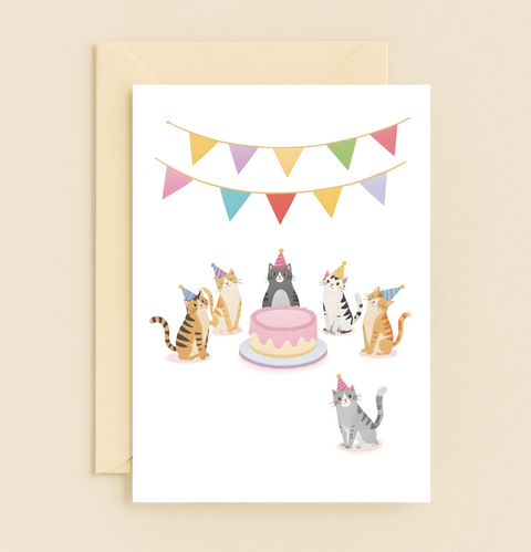 Funny Birthday Greeting Card Cute Cats Partying - Front