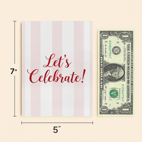 Celebration Greeting Card Red Script on Stripes - Size