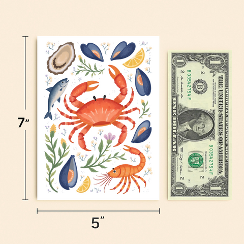 Seafood-Themed Greeting Card with Cute Crab Illustration - Size