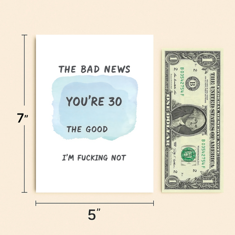 Funny Birthday Greeting Card Blue Watercolor 30th Humor - Size