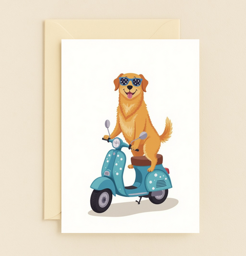 Funny Birthday Greeting Card Cute Dog on Scooter - Front