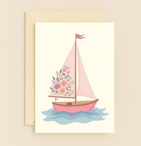 Sailboat Greeting Card with Floral Illustration - Front