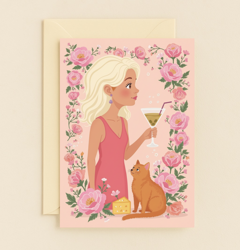 Blonde Woman Martini Cat Cheese Pink Flowers Illustration Card product image