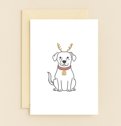 Festive Dog Christmas Card with Cute Reindeer Antlers - Front