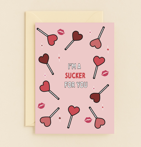 Romantic Greeting Card "I'm a Sucker for You" Heart Lollipops - Front