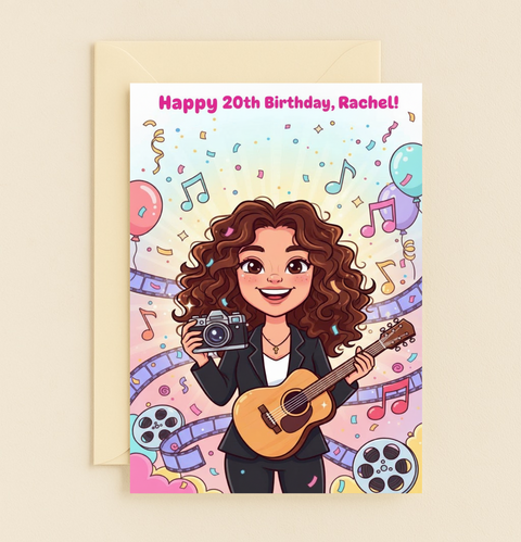 Happy 20th Birthday Rachel Card with Camera Guitar Film Music Balloons product image