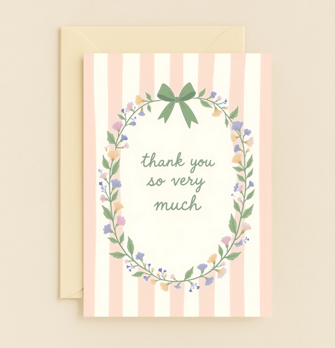 Thank You Card Floral Wreath Stripes Elegant Design - Front