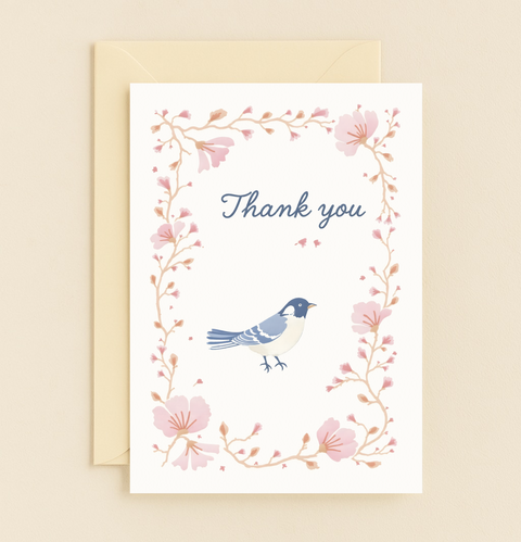 bird and blossoms thank you card
