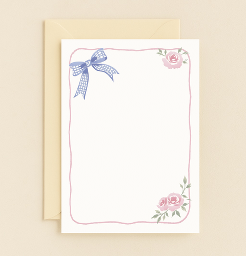 blue ribbon and pink roses greeting card