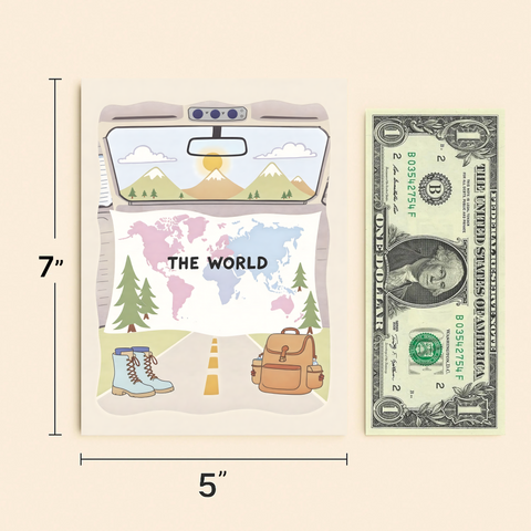 Travel Adventure Greeting Card with Illustrated World Map - Size