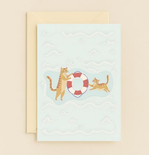cats with lifebuoy swimming card