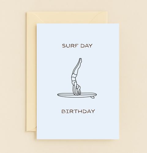 Funny Birthday Card Surfing Handstand Illustration - Front