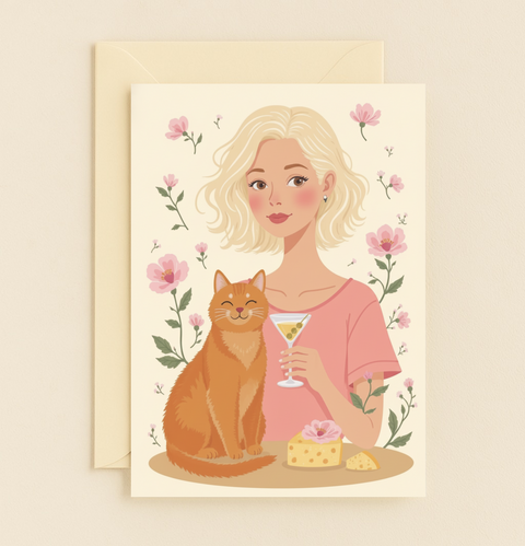 Blonde Woman Orange Cat Martini Cheese Flowers Art Card product image