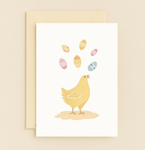 chick juggling colorful eggs card