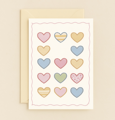 colorful patchwork hearts card