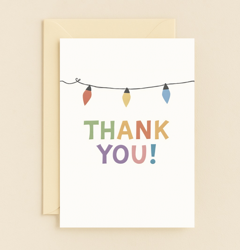 colorful string lights thank you card