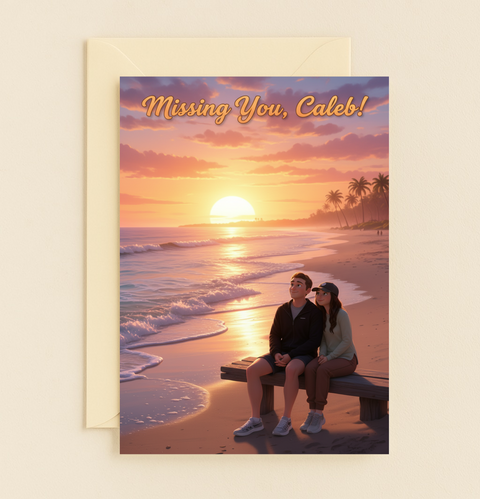 Missing You Caleb Sunset Beach Two People Palm Trees Card product image