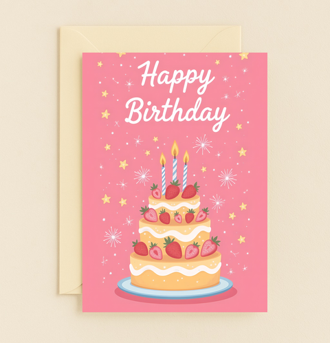 Funny Birthday Card with Strawberry Cake Design - Front