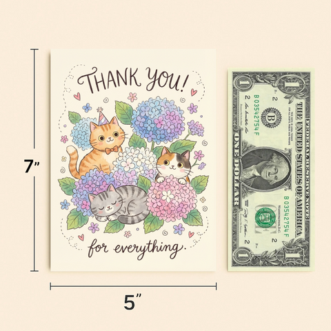 Thank You Card with Cute Cats and Flowers Illustration - Size