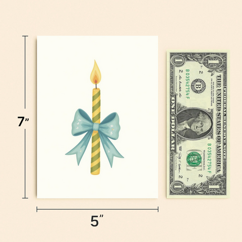 Birthday Card with Candle and Blue Bow Illustration - Size