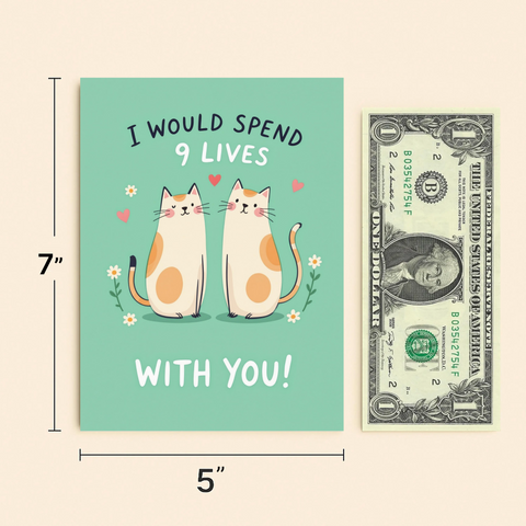 Cute Cat Love Greeting Card with Heart Illustration - Size