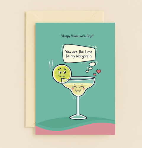 Funny Valentines Card with Cute Margarita Illustration - Front