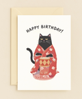 drumming cat in kimono birthday card