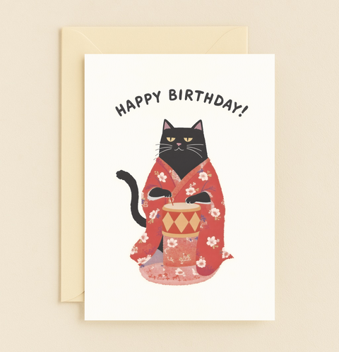 drumming cat in kimono birthday card